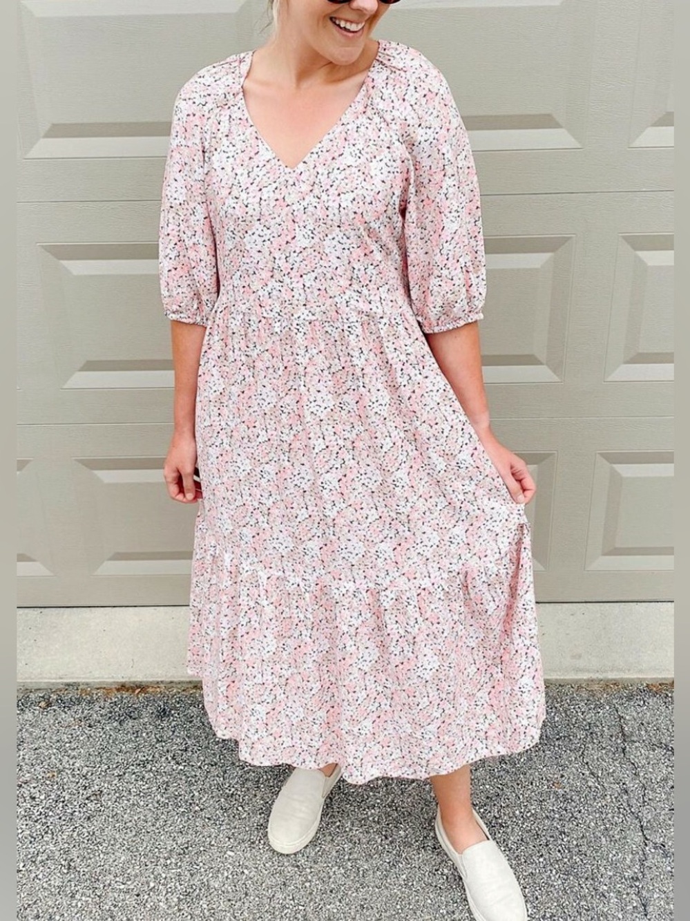 H&M brown tan cream, pink floral cottage V-neck tiered summer maxi dress XL - Picture 14 of 15